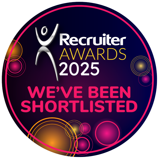 Pink and blue circular badge: Recruiter Awards 2024. Text: