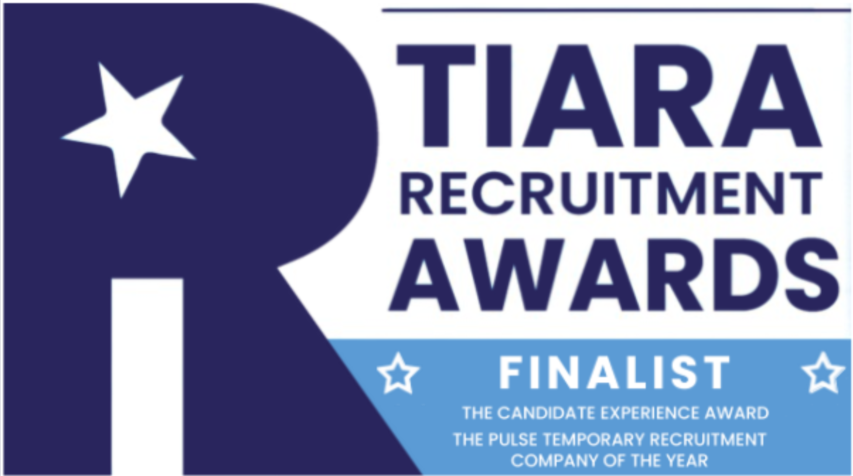 Pink and blue circular badge: Recruiter Awards 2024. Text: