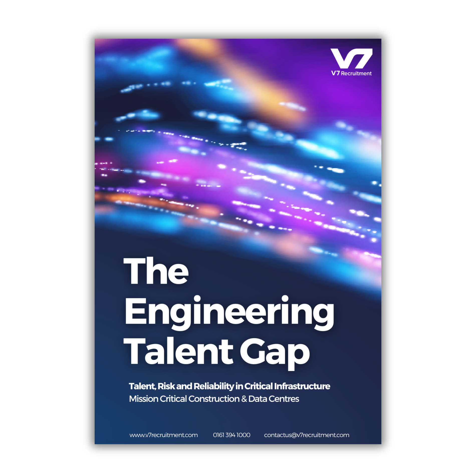 Cover for “The Engineering Talent Gap” with blue and purple light streaks and a V7 logo.