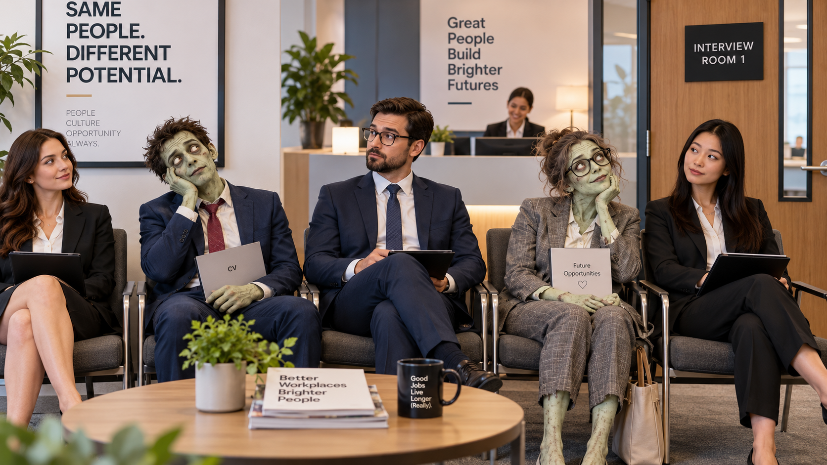 Two zombie job applicants sit alongside professionals in suits in a corporate waiting room, waiting
