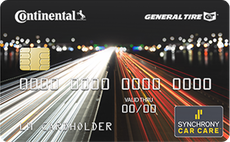 Continental and General Tire branded credit card with chip, highway lights background, and Synchrony logo | Tire Town Inc.