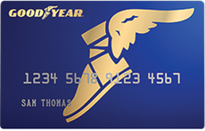Goodyear-branded blue credit card with gold winged foot logo and embossed number 1234 5678 9123 4567 | Tire Town Inc.