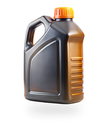 Black motor oil jug with orange cap and handle, isolated on white background | Tire Town Inc.