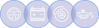Four blue circles with white line icons: steering wheel, battery, wheel, and oil can | Tire Town Inc.
