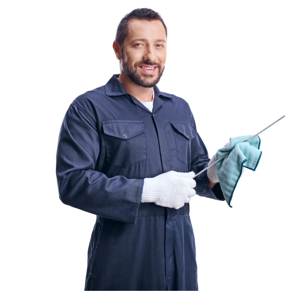 Person in blue coveralls holding a squeegee and cloth on a white background | Tire Town Inc.