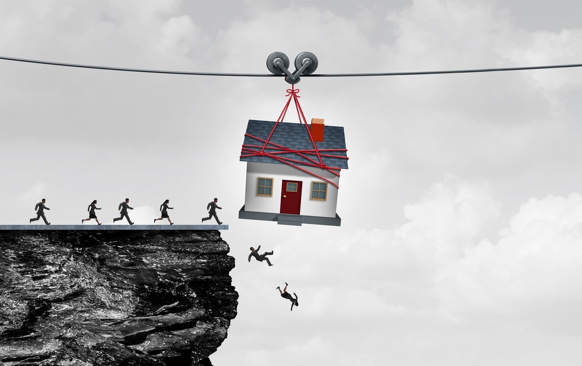 A house is being lifted over a cliff by a rope.