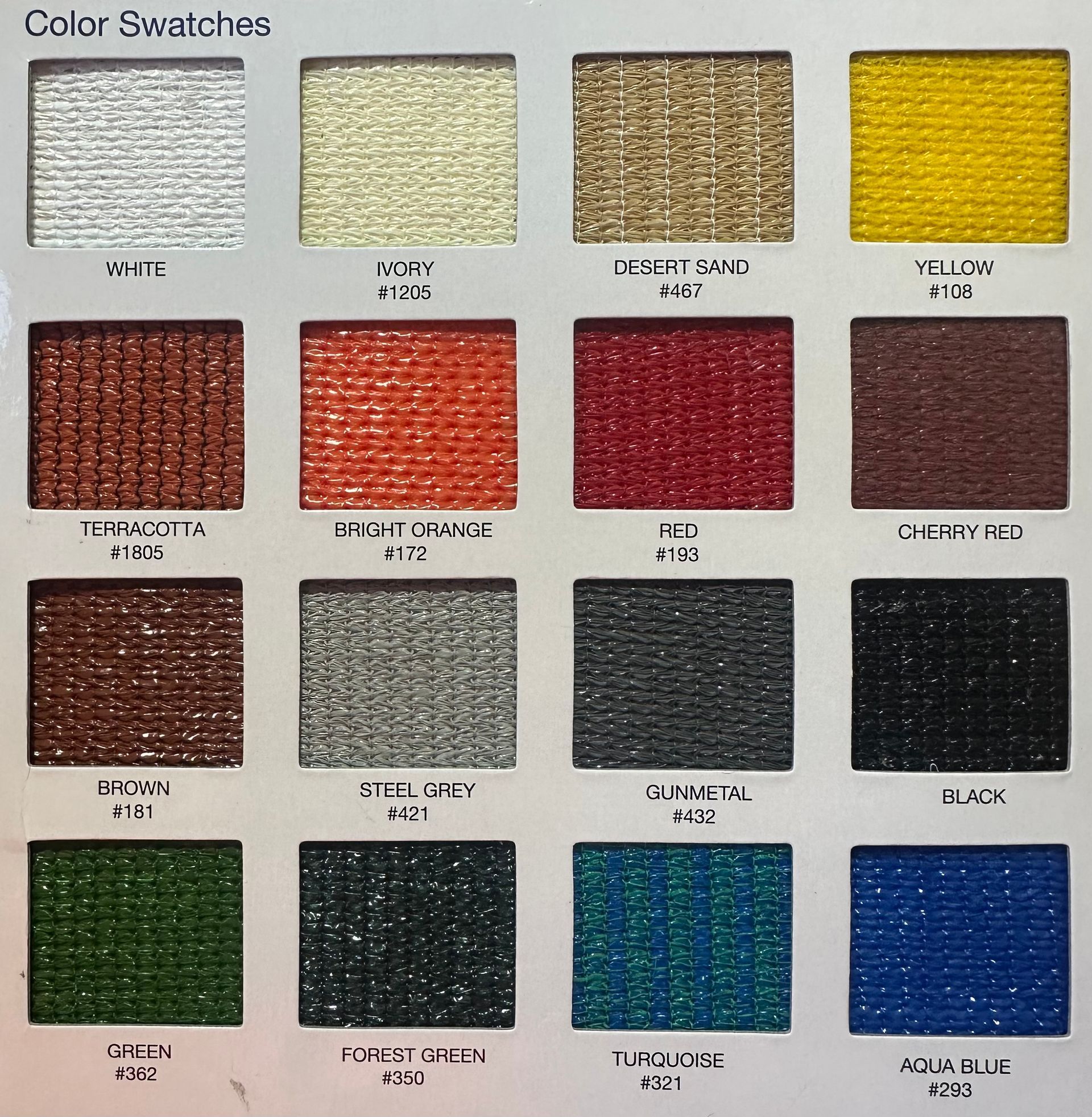 Color swatches chart with textured samples in silver, gold, red, black, green, teal, and blue.
