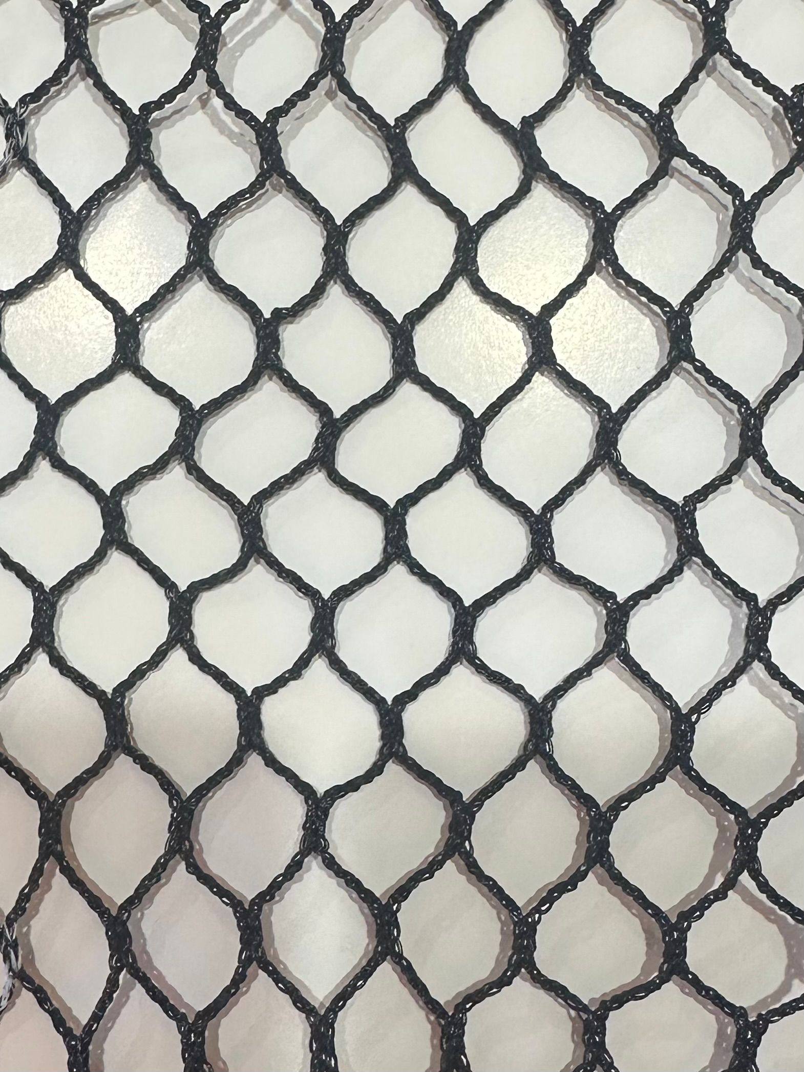 Close-up of black diamond-patterned mesh fencing over a pale background