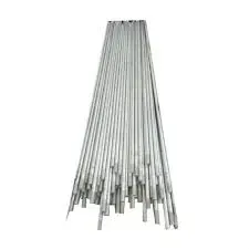 Bundle of long silver metal rods or pipes stacked together on a white background