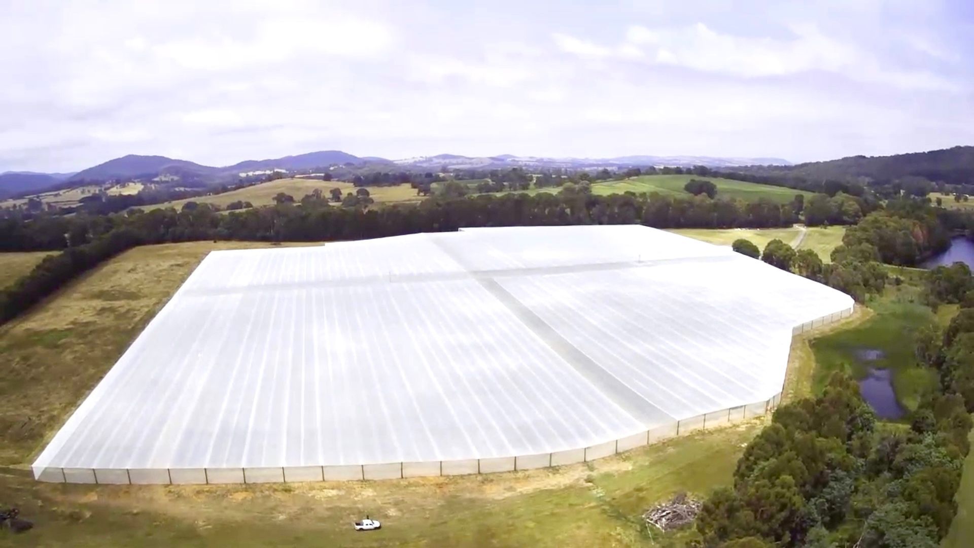 Large white greenhouse in a rural landscape with rolling green hills and trees under a cloudy sky