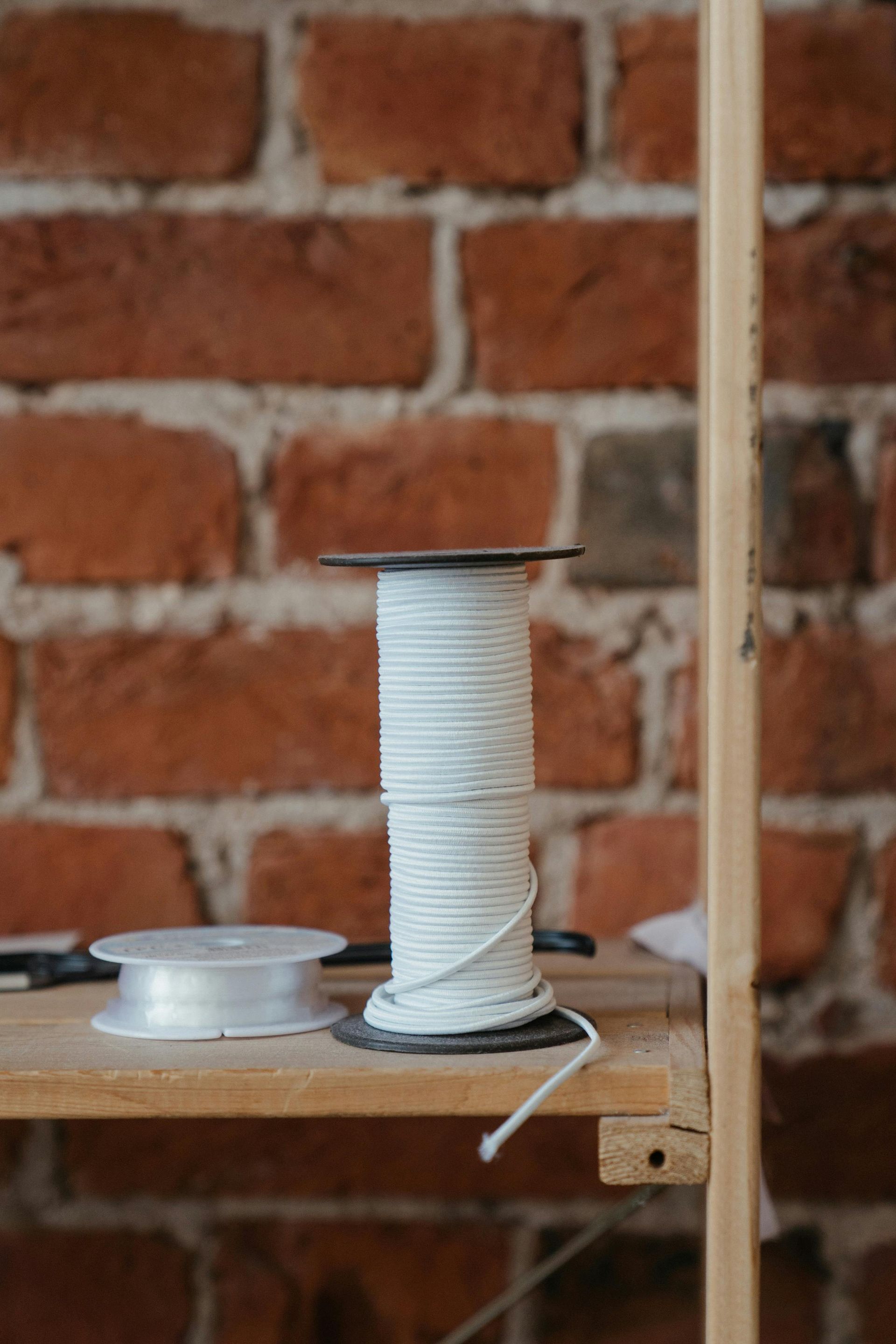 White spool of cord on a wooden shelf against a red brick wall, with a small white dish beside it