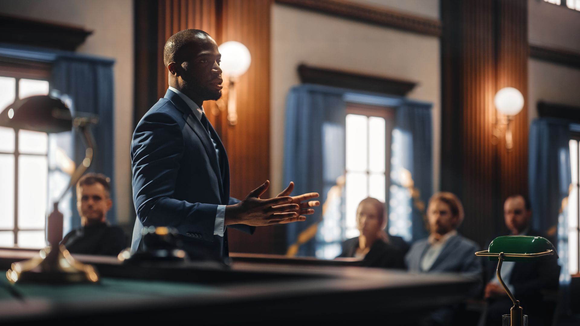 Lawyer speaking in a courtroom