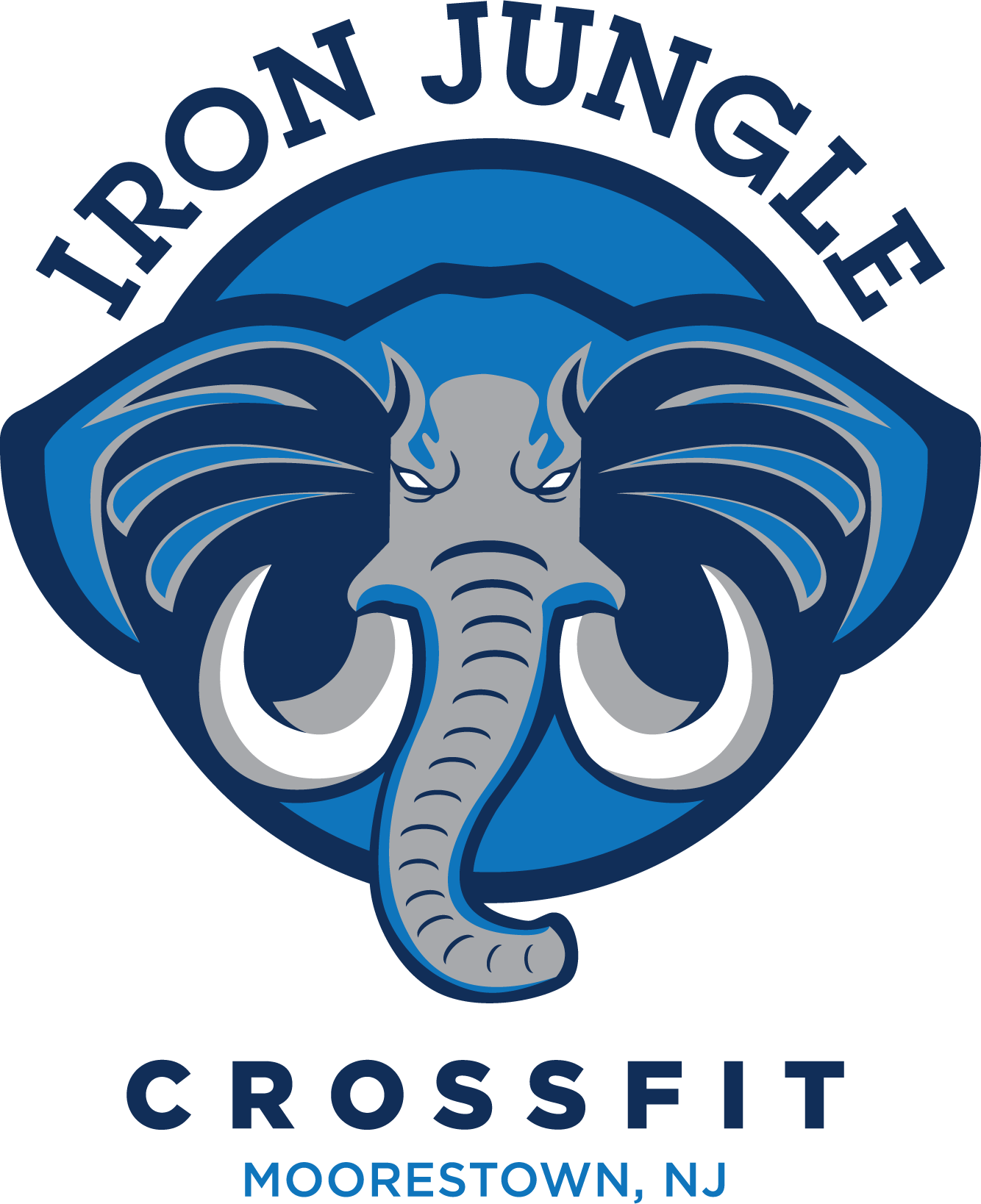 Logo for Iron Jungle CrossFit in Moorestown, NJ, featuring a blue and grey stylized elephant head inside a circular frame.