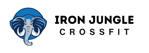 Logo for Iron Jungle CrossFit featuring a stylized blue elephant face on a circular blue background.