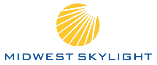 Midwest Skylight logo with blue text and a yellow sunburst icon
