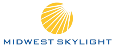 Midwest Skylight logo with blue text and a yellow sunburst icon
