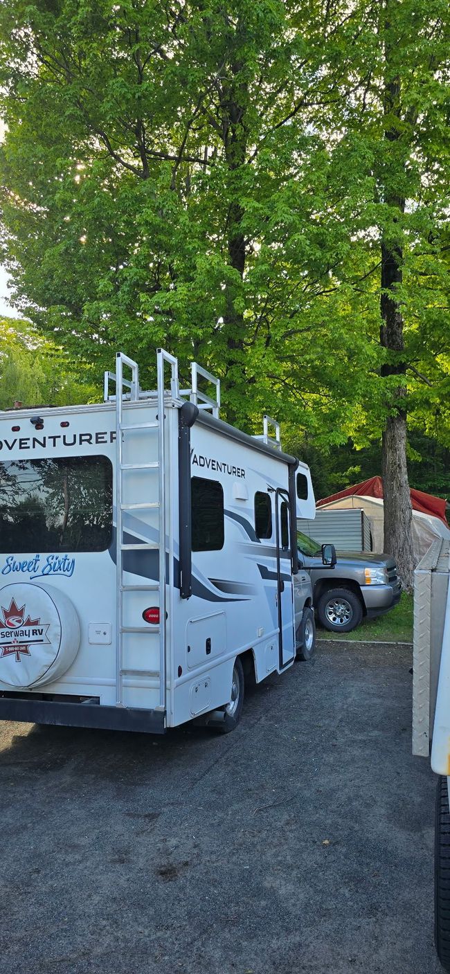 Camping-car blanc garé sur une allée de gravier, arbres en arrière-plan.
