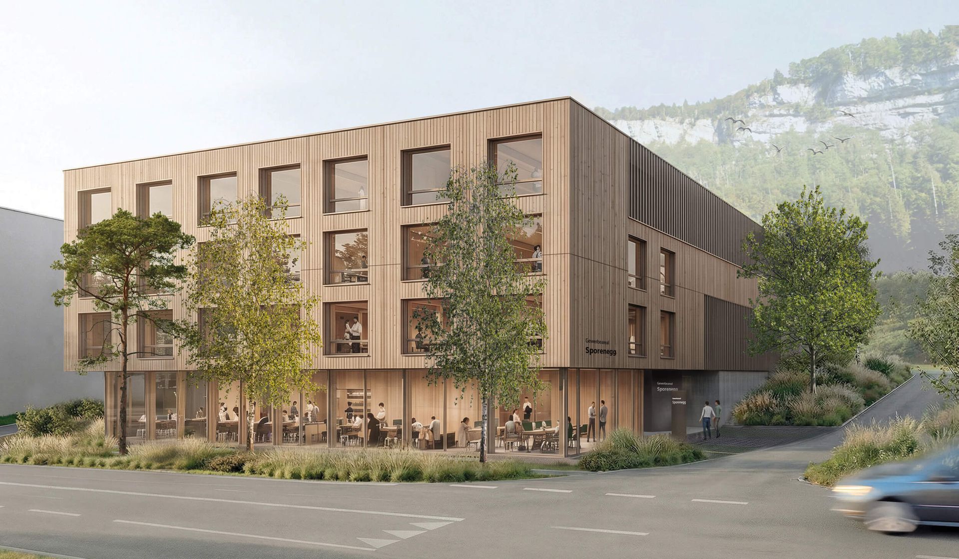 Modernes Gewerbeareal mit grossen Fensterflächen an der Bregenzerwald Bundesstrasse zwischen Andelsbuch und Bezau