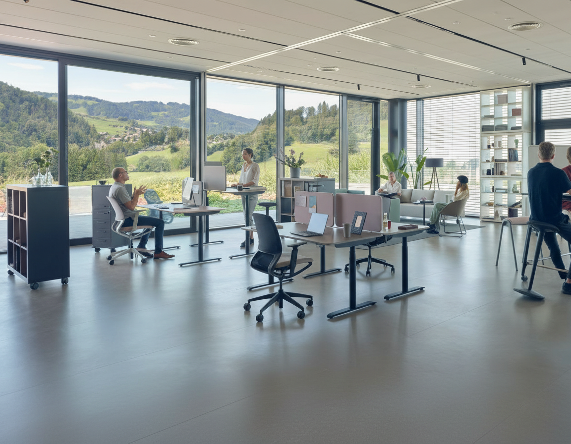 Modernes Großraumbüro mit Schreibtischen und Stühlen, Mitarbeiter arbeiten an großen Fenstern mit Blick in die grüne Landschaft im Bregenzerwald