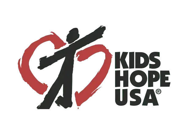 a logo for kids hope usa with a red heart and a cross .