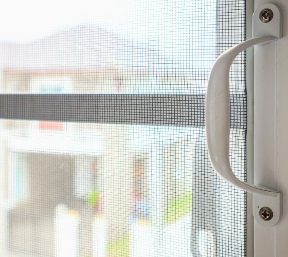 Man installing a window screen outdoors, holding it against the frame.