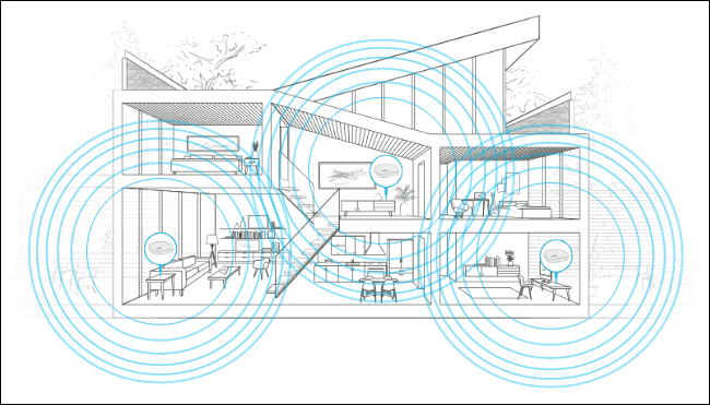 A black and white drawing of a house with circles around it.