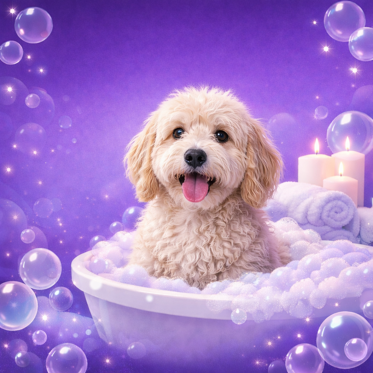 A golden doodle dog happily taking a bubble bath in a purple setting, surrounded by bubbles and candles.