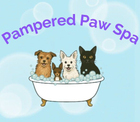 Pampered Paw Spa logo: dogs and cat in a bubble bath, blue background, light purple text.