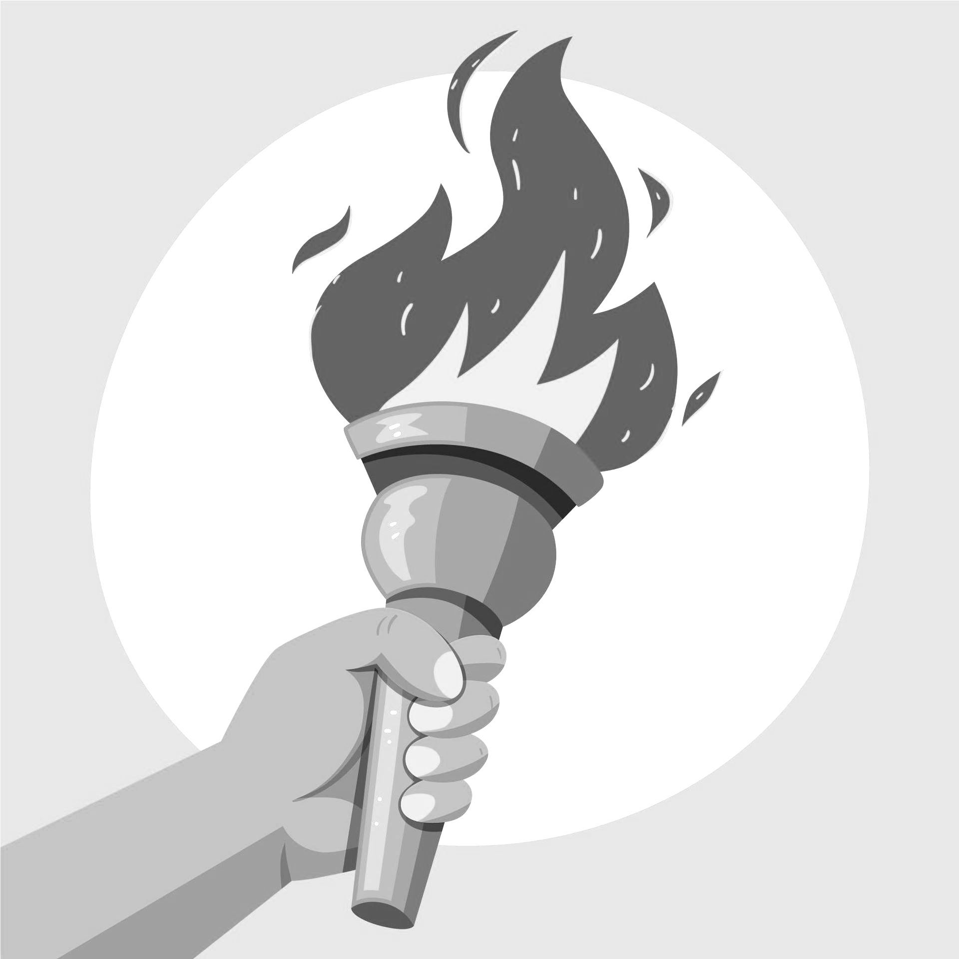Une main tient une torche d'où sortent des flammes.