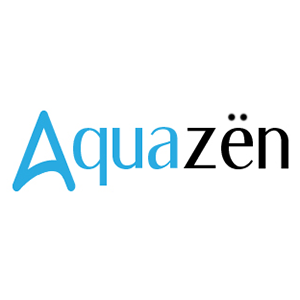 Un logo Aquazen bleu et noir sur fond blanc