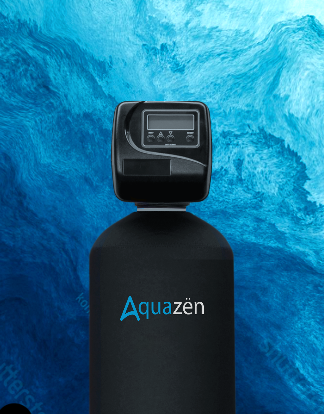 Un filtre à eau noir avec le mot aquazen dessus