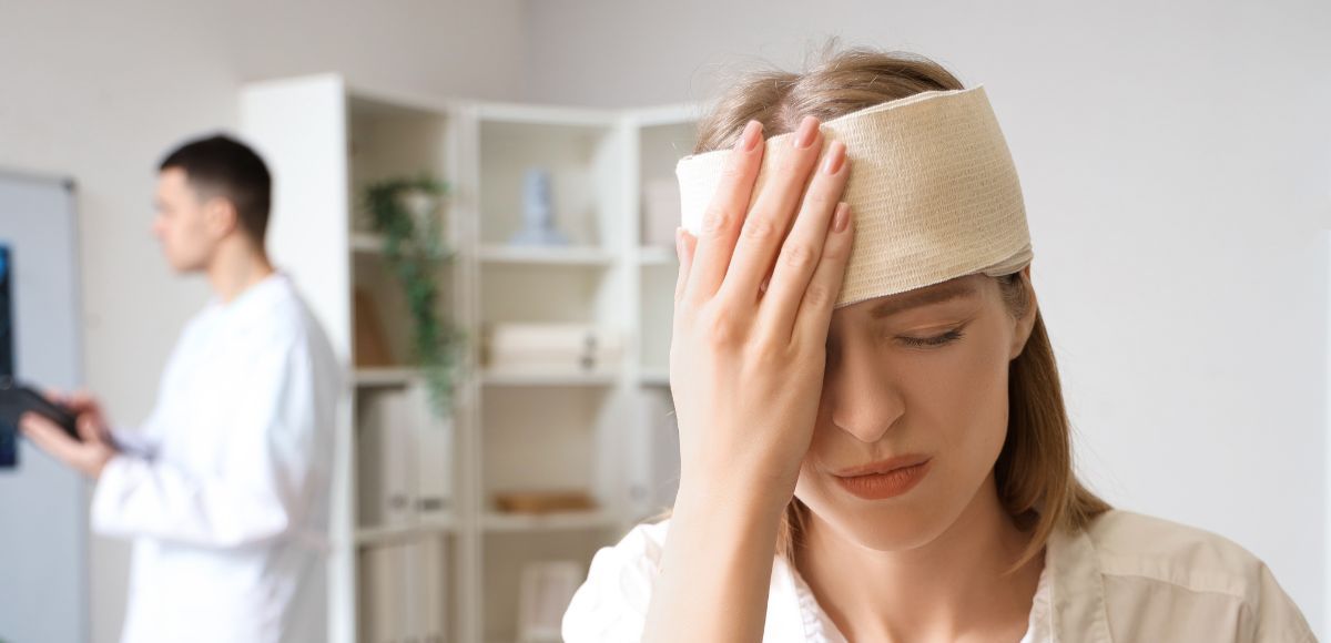 Woman holding her forehead with a bandage, looking ill, while a man stands blurred in the background