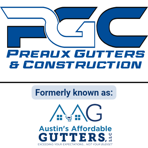 A logo for a company called preaux gutters & construction