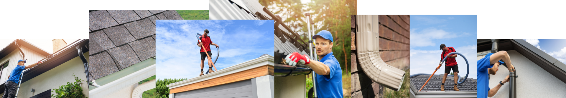 A collage of pictures of a man cleaning a roof.