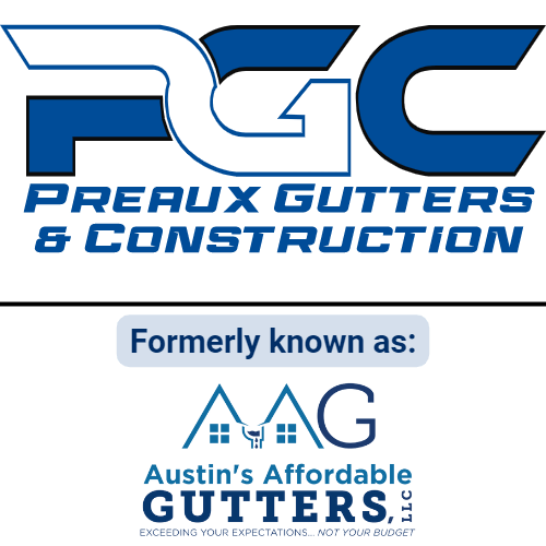 A logo for a company called preaux gutters & construction