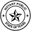 A black-and-white circular Texas Notary Public seal featuring a central star surrounded by text and decorative borders.