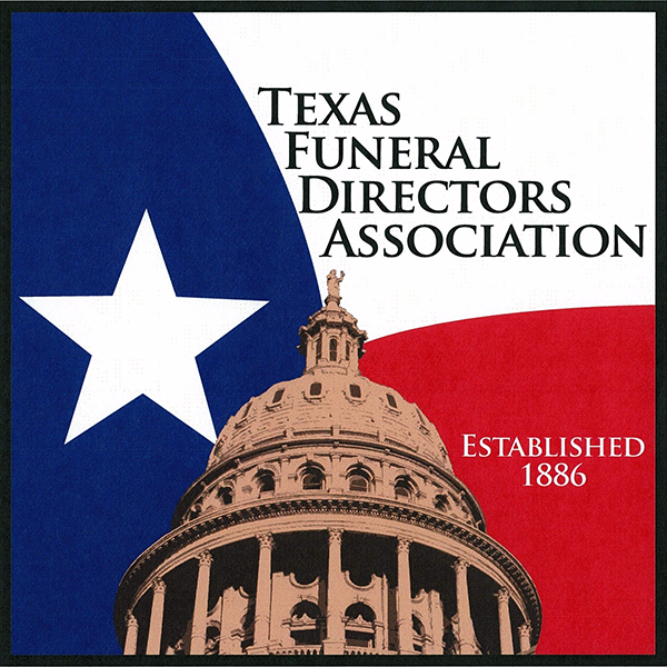 Logo of the Texas Funeral Directors Association featuring the Texas Capitol building dome against the Texas state flag.