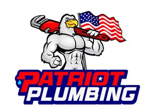 Patriot Plumbing logo with muscular eagle holding a wrench and American flag in red, white, and blue