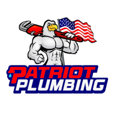 Patriot Plumbing logo with a muscular eagle holding a wrench and U.S. flag
