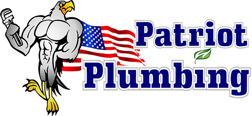 Patriot Plumbing logo with cartoon eagle flexing beside an American flag and blue text