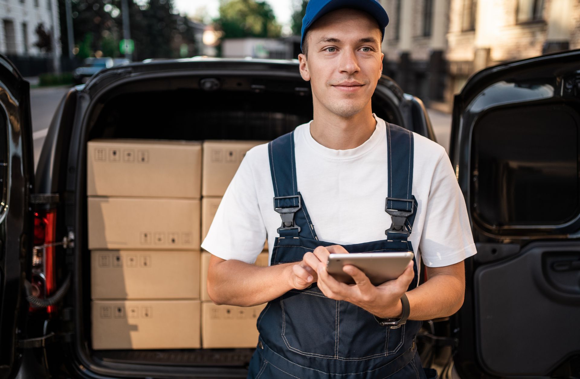 Amazon delivery driver holding a tablet and delivering parcels from a van 