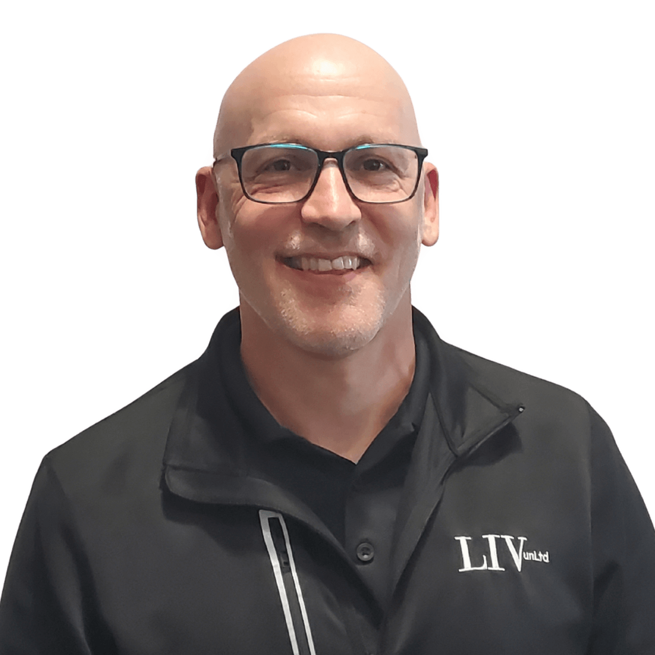 Smiling bald man with glasses wearing a black LIViN jacket against a white background