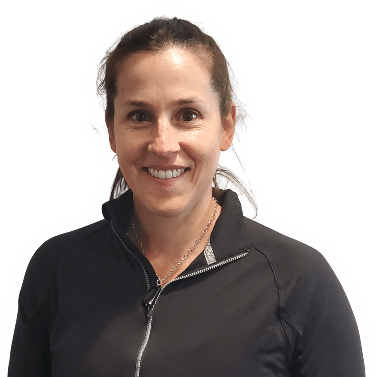 Smiling person in a black zip-up jacket against a white background