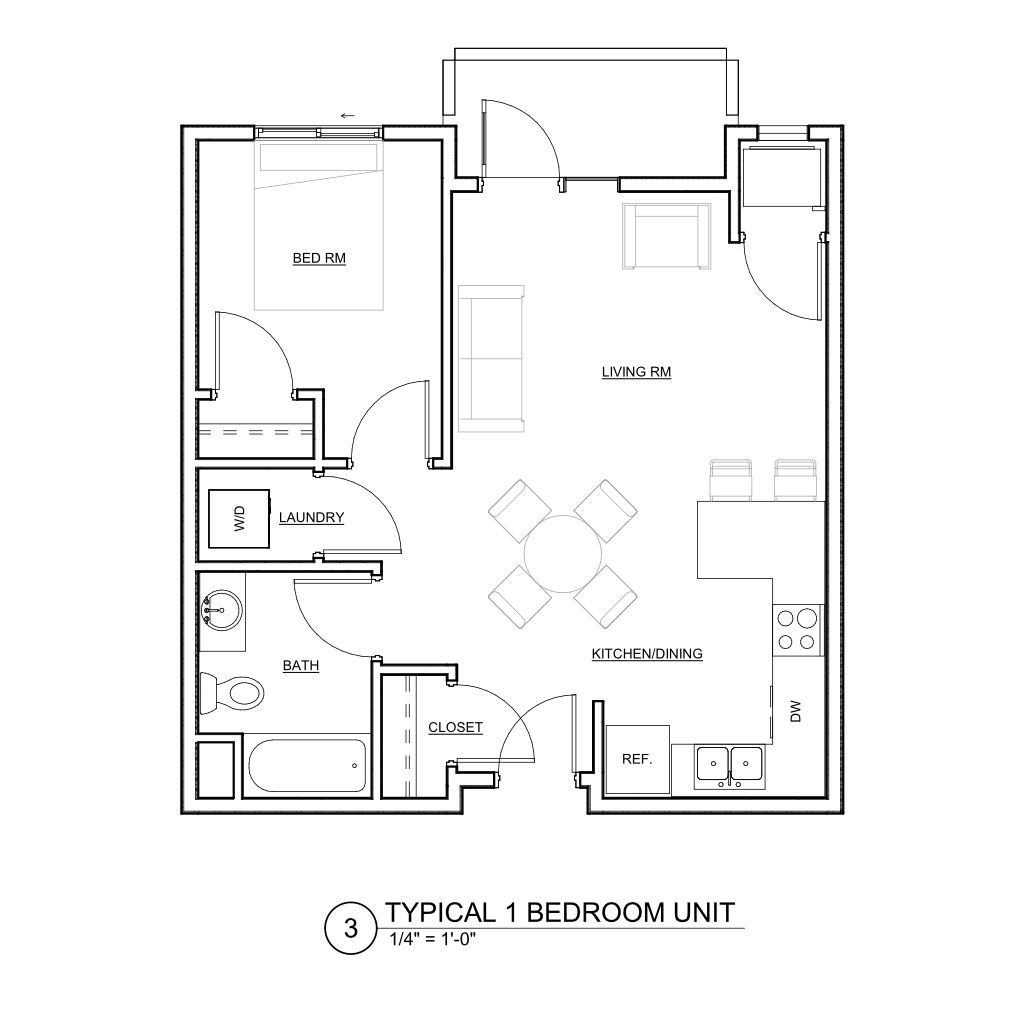 a black and white floor plan of a typical 1 bedroom unit