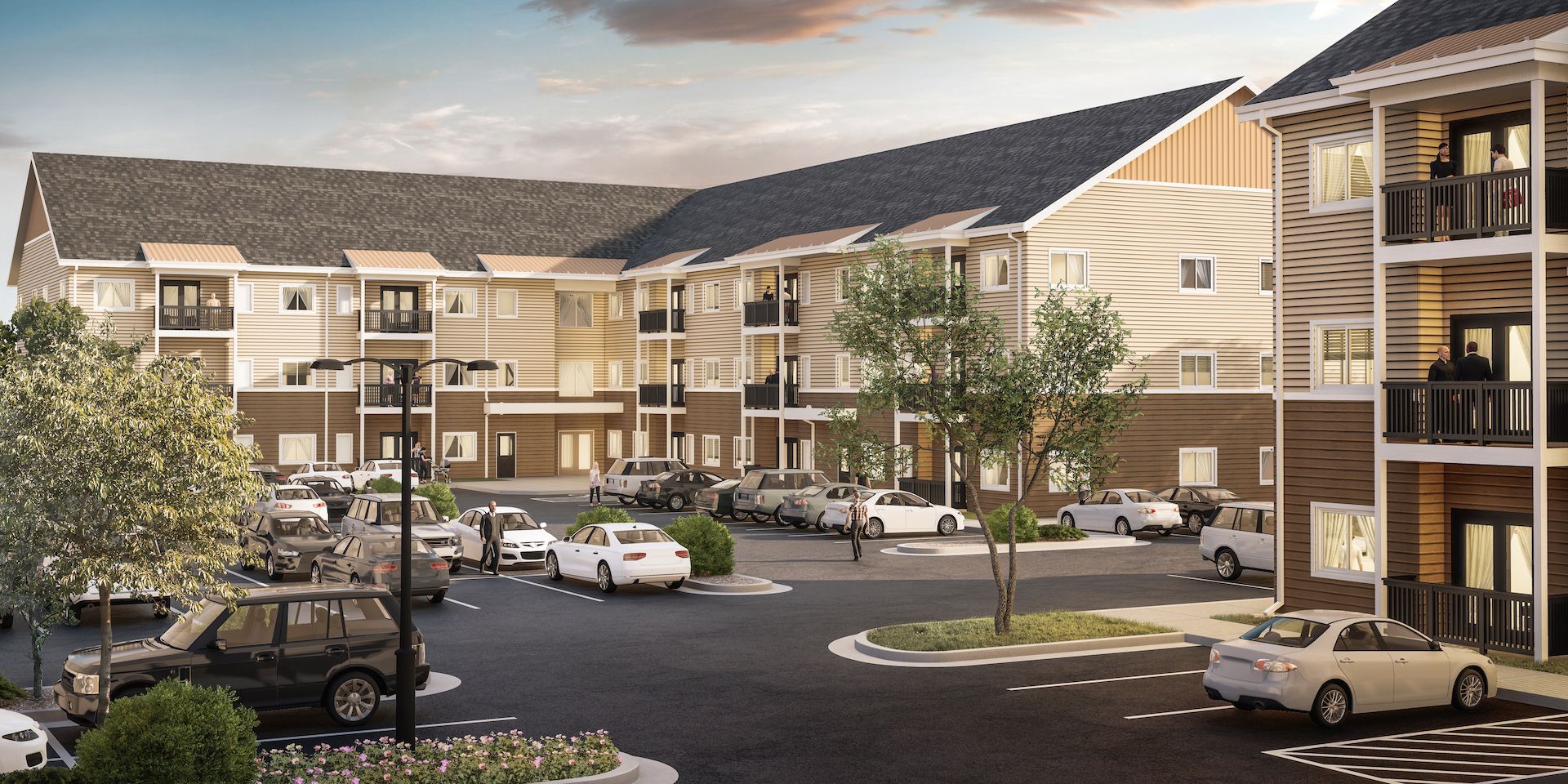 an artist 's impression of an apartment complex with cars parked in front of it