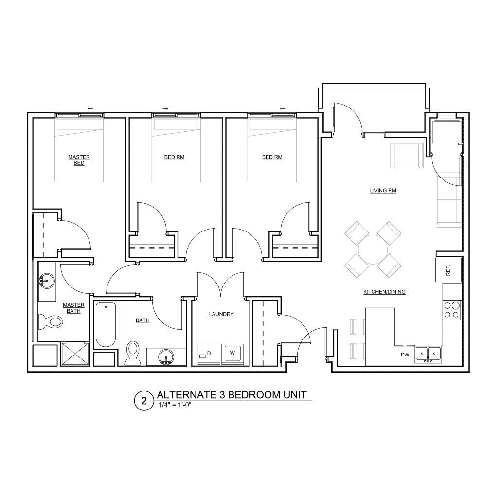 a black and white floor plan of an alternate 3 bedroom unit