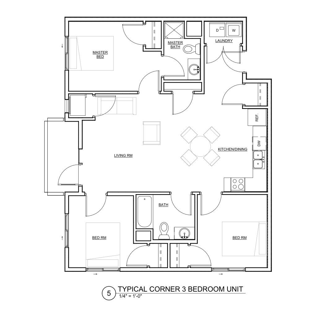 a floor plan of a typical corner 3 bedroom unit