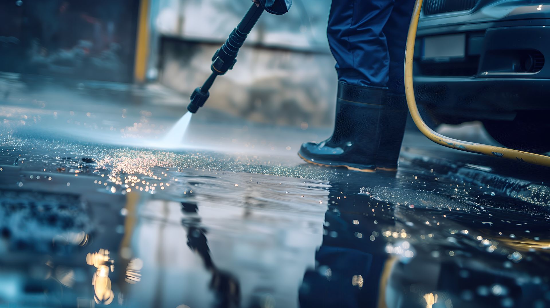 A man is using a high pressure washer to clean a car.