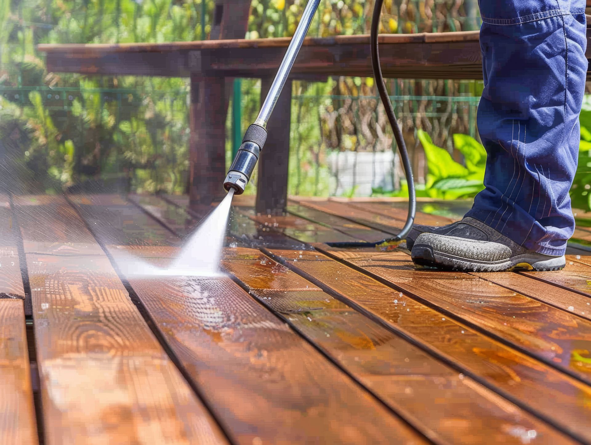 A person is using a high pressure washer to clean a wooden deck.