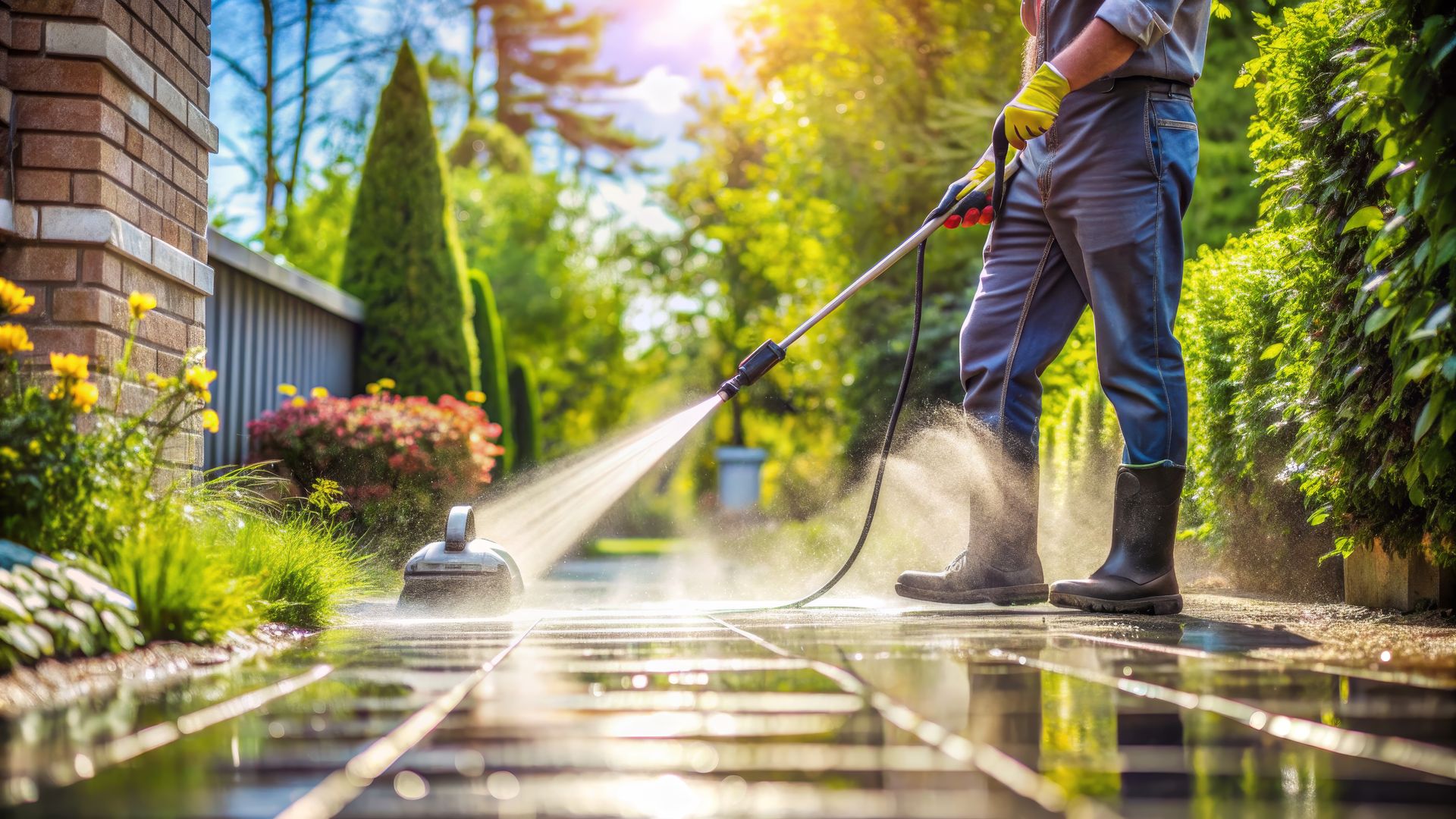 A man is using a high pressure washer to clean a patio.